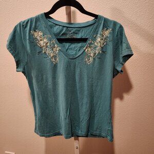 Jordache Premium Women's Top Size Large Graphic V-Neck Short Sleeve Cotton Green